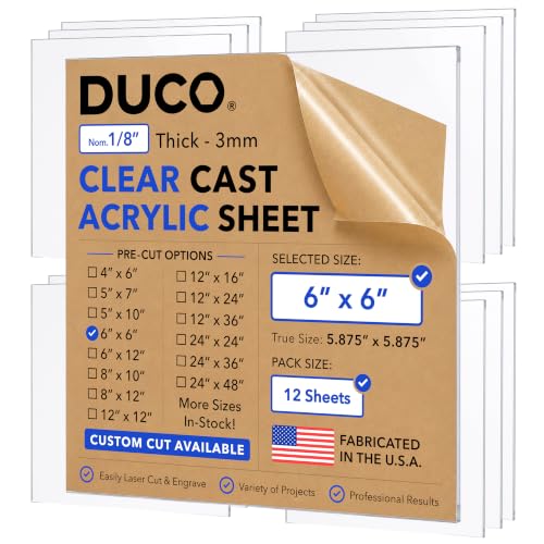 Duco 1/8" Clear Cast Acrylic Sheets, 6"x6" Plexiglass Sheets, 12 Pack