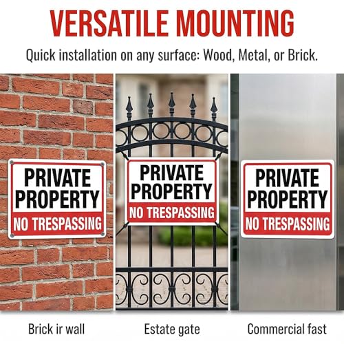 Image of 4-Pack No Trespassing Signs Private Property Metal Sign 10 x 7 In Aluminum | Rust-free aluminum with UV print; weatherproof for yard, fence, gate, farm, driveway, and home entrance
