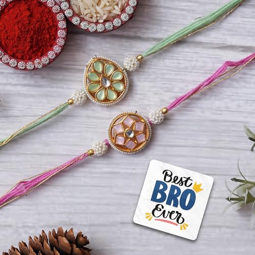 Image of eCraftIndia Set of 2 Multicolor Religious Om Symbol and Peacock Designer Rakhis with Roli Chawal Pack and Best Bro Ever Fridge Magnet - Rakhi for Brother
