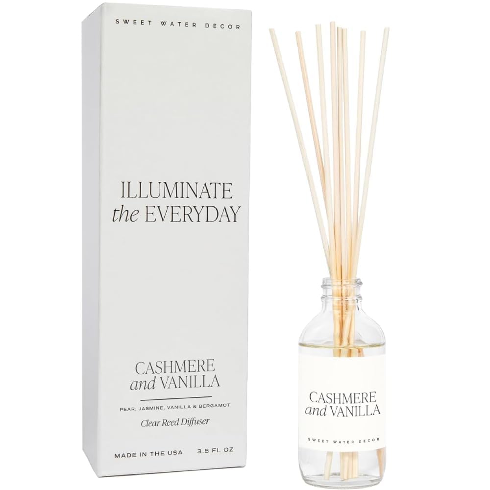 Sweet Water Decor Non-Toxic Cashmere and Vanilla Reed Diffuser Set, Cashmere, Sandalwood, Milky Coconut, Bourbon Vanilla Scented Diffuser for Home, Light Fragrance, Made in The USA, 3.5 FL OZ