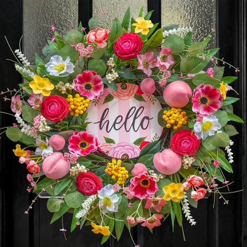 Spring Summer Wreaths for Front Door 24 Inch with Cherry Blossom Pink Roses & Hello Sign Summer Door Wreath for Entryway Porch & Home Dcor Indoor Outdoor