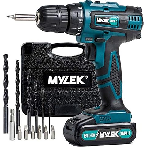 MYLEK MY18BCM1 Cordless Drill 18V, 1300 mAh Li-Ion Driver 28Nm, 1 Hour Quick Charge, 2 Speed, LED Work Light, Carry Case with Accessory Kit, Variable Speed & Quick Stop Function Cover