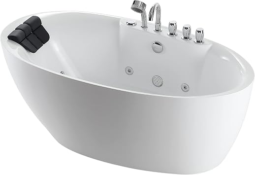 Empava 67 Freestanding Whirlpool Bathtub with Hydromassage | Adjustable Water Jets Luxury Acrylic Massage SPA Soaking Bath Tub in White Single Ended
