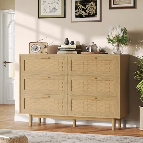KeepGoon Cómoda de 6 cajones de bambú con asas y patas resistentes, cajonera de madera maciza, armario de almacenamiento de madera maciza para dormitorio, salón, pasillo