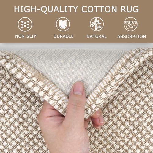 KOZYFLY Runners for Hallways 2x5 ft Washable Kitchen Runner Non Slip Rubber Backed Hall Runners Cotton Entryway Runner Rugs Floor Carpet for Indoor Backdoor Bedroom Kitchen, Ivory/Khaki