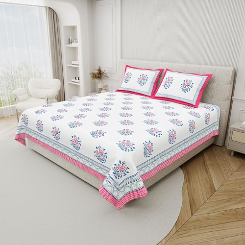 Image of DE CAMA Since 1997 | 100% Cotton 300 TC Premium King Size Bedsheet for Double Bed (90 x 108 Inch) with 2 Pillow Covers Set (17 x 27 Inch) Hand Block Printed Bedsheet Set - Pink