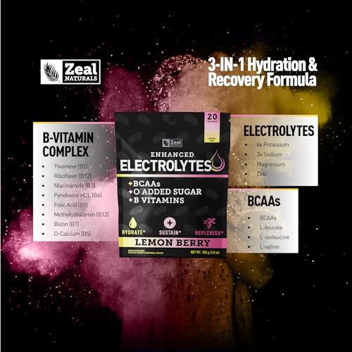 Image of Enhanced Electrolyte Powder Stick Packs (Lemon Berry | 20 Packets) w / 0 Sugar +BCAAs +B-Vitamins Electrolyte Supplement w Potassium Zinc & Magnesium for Hydration - Keto Electrolytes