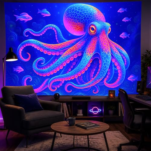 Image of BlissYard Neon Octopus Black Light Tapestry UV Reactive Psychedelic Ocean Deep Sea Wall Hanging for Living Room Bedroom Dorm Room Bar Party Decor 78x59 Inch