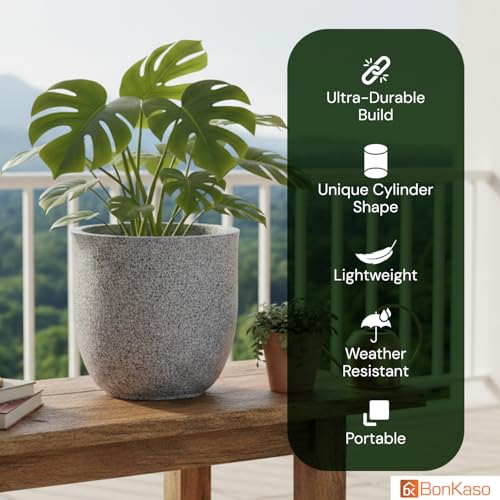 Image of BonKaso 8 Inch Jaguar Round Plant Pots | Highly Durable & Lightweight Polymer Planter for Indoor & Outdoor Use | Flower Pot (Gamla /Gamale) for Home, Office, Garden, Living Room & Balcony (Light Grey)