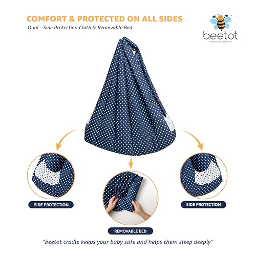 Image of Baby Swing Cradle (Jhula) for Newborns - Cloth Cradle with Removable Mattress, Mosquito Net, Spring & Triangle Hanger | Up to 15 kg | (Navy Dot)