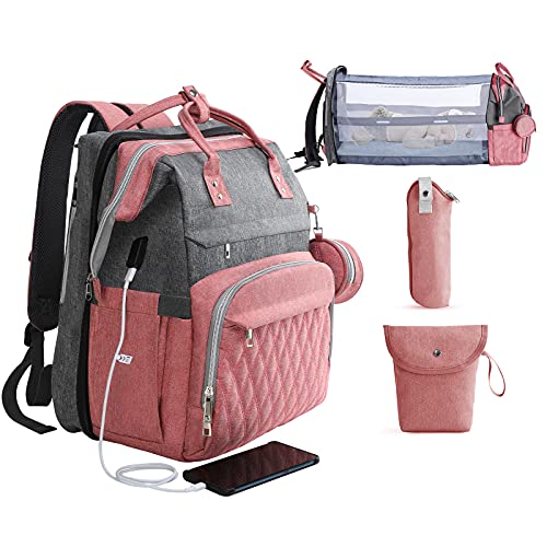 Diaper Bag Backpack with Changing Station, ISMGN Large Diaper Bag Multifunctional Diaper Bag Diaper Bags for Girls Baby Shower Gifts PINK