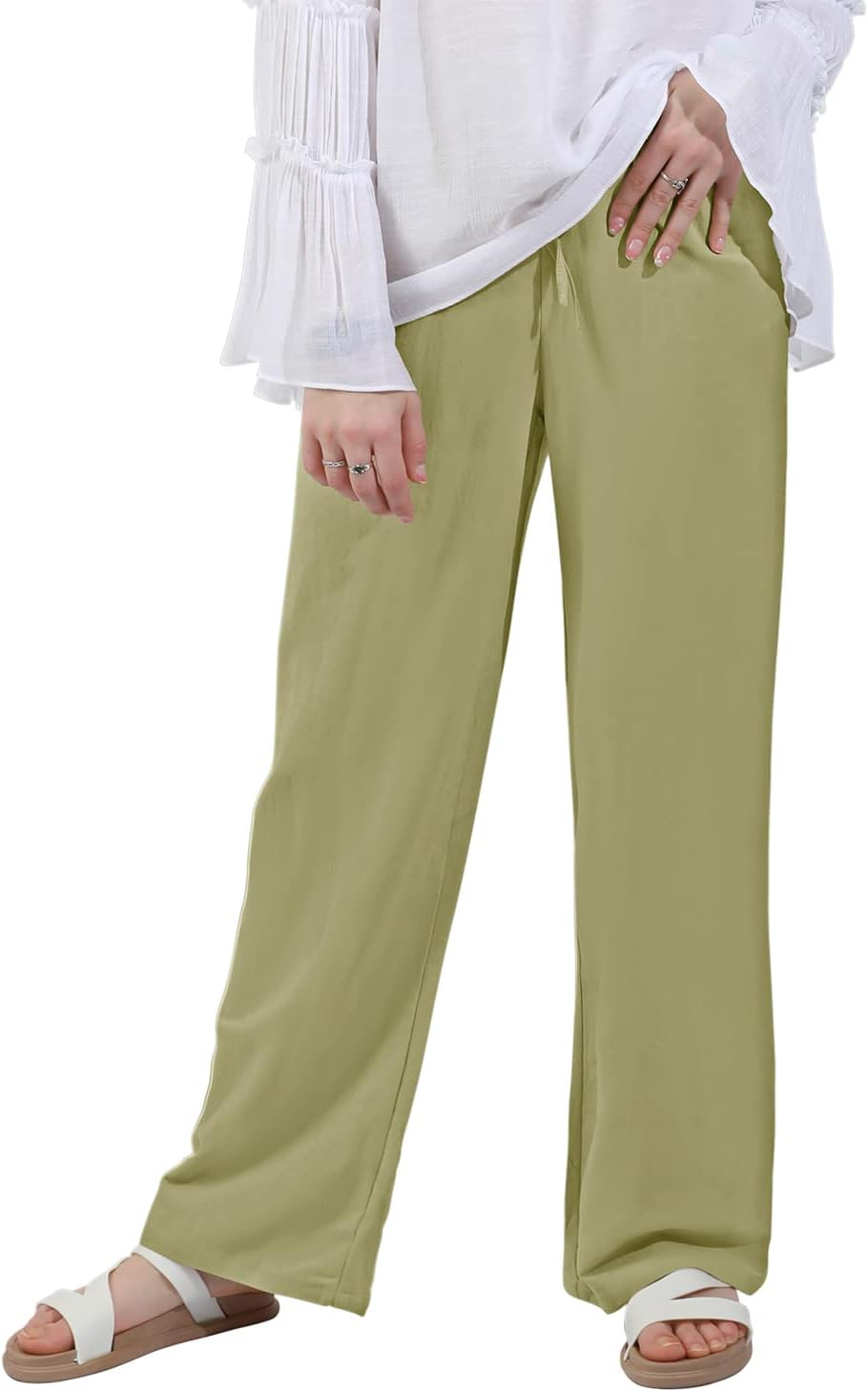 utcoco Women's Cotton Linen Drawstring High Waisted Pants Casual Loose Fit Wide Leg Trousers - Image 5