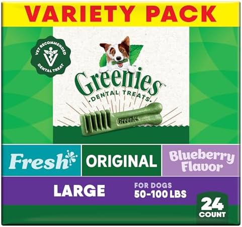 Greenies Veterinarian-Recommended Adult Natural Dental Dog Treats Large Size, Fresh Flavor, Original Flavor, and Blueberry Flavor, (3) 12 oz. Packs, 24 Count