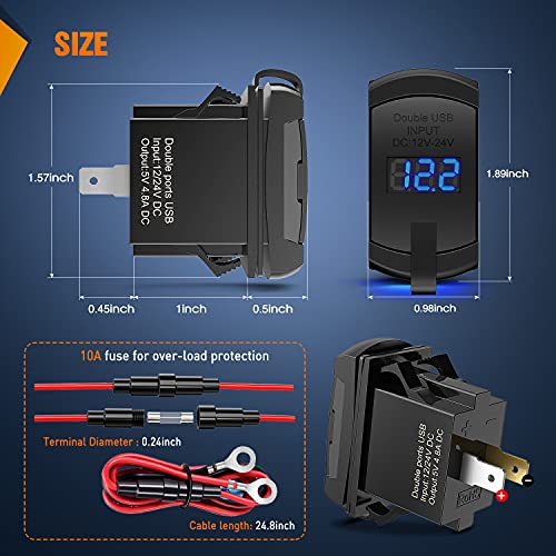 Image of Nilight 12V Rocker Switch Style Dual USB Charger with LED Voltmeter | Suitable for Nilight Toggle Switch Panel with Inline Fuse for Boats RVs Trucks Cars