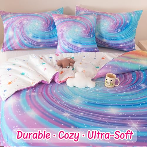 Image of Twin Bedding Set for Girls, Purple Glitter Stars Comforter Set for Girls, Galaxy Bedding Sets Twin Size