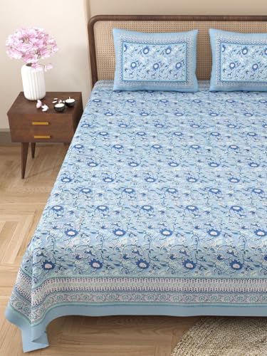 Image of 144 TC 100% Cotton Bedsheet for Double Bed King Size with 2 Pillow Covers | Breathable & Super Soft Rajasthani Sanganeri Jaipuri Printed Bed Sheet -90 * 108 Inches (Mughal Blue)