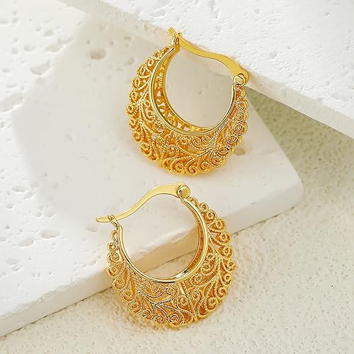 Filigree Gold Hoop Earrings Vintage Small Earrings for Women4