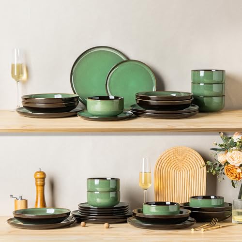 Image of LeRatio Ceramic Dinnerware Sets for 6,Porcelain Plates and Bowls Sets,Handmade Reactive Glaze Dishes Set,Chip Resistant and Scratch Resistant | Oven&Dishwasher & Microwave Safe-Green(18PCS)