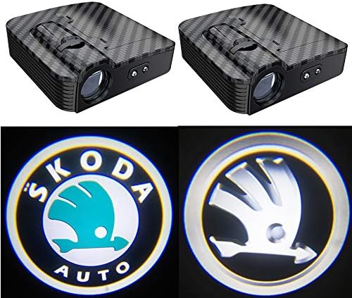 2Pcs Carbon fiber pattern Universal Wireless Smart Sensor Car Projection LED Projector Door Ghost Light Shadow Light Welcome Light Laser Emblem Logo Courtesy Lights Lamps (FOR-Skoda)