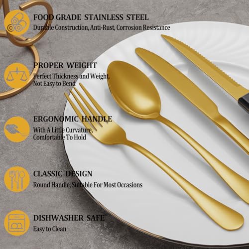 Image of 24 Pcs Gold Silverware Set with Steak Knives, Stainless Steel Flatware Cutlery Set Service for 4, Kitchen Tableware Set, Utensil Set for Home and Restaurant, Knives Forks Spoon Set, Dishwasher Safe
