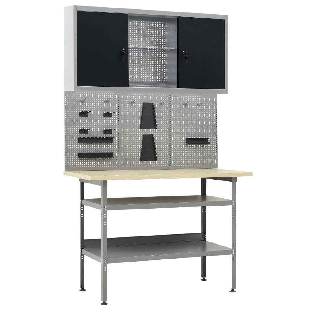 Banco da lavoro 120 cm con 3 pannelli da parete e 1 armadio Laboratorio tavolo da lavoro, grigio nero 02_0003659