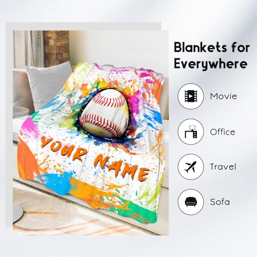 Custom Baseball Blanket, Cozy Soft Throw Blankets for Kids, Cool White Flannel Throw Gifts for Couch Sofa, 40x50 Inches