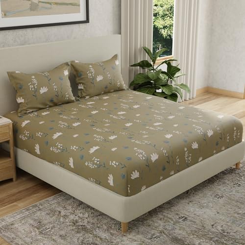 Image of HUESLAND by Ahmedabad Cotton 144 TC Double Bedsheet Cotton with 2 Pillow Covers | Olive Green, White & Grey
