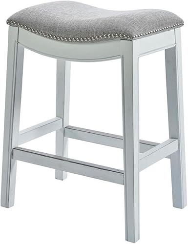 New Ridge Home Goods Zoey - Taburete estrecho de madera con asiento de silla de montar de 31 pulgadas de altura de barra, con borde de cabeza de