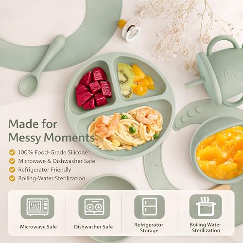 Image of 10 Pcs Silicone Baby Feeding Set for Toddlers 6+ Months | Baby Led Weaning Self Feeding Kit | Suction Plate & Bowl, Bib, Cup, Spoon & Fork, Fruit Feeder, Finger Brush | FDA | Ebook (Green,)