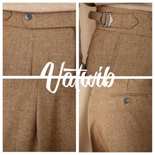 Men Vintage Slim Fit Wool Tweed Pants Herringbone Pleated Suit Trousers4