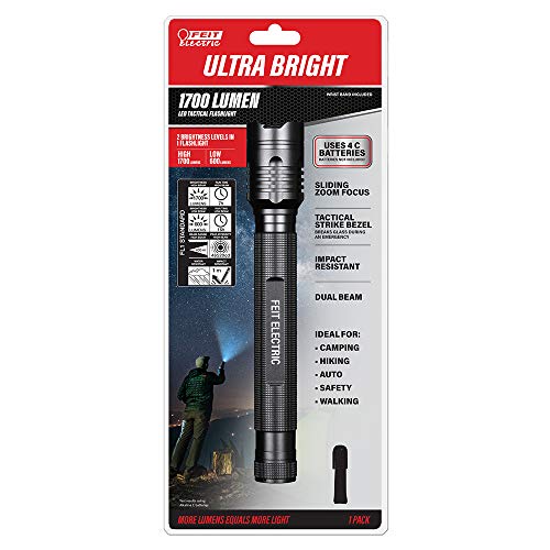 Feit Electric LED Tactical Flashlight - Aluminum Alloy - Zoomable Strike Bezel; Illuminate up to 1 000 feet - Adjustable Brightness 600 to 1700 Lumen | Requires 4-C Batteries