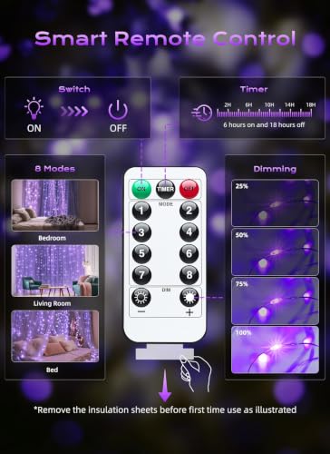 Image of Brightown 300 LED Fairy Curtain Lights, 9.8ft x 9.8ft Curtain String Lights | Purple USB Plug in 8 Lighting Modes Halloween String Hanging Lights with Remote for Bedroom Indoor Outdoor Party Xmas