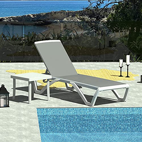 Image of Domi Outdoor Lounge Chair, Aluminum Patio Chaise Lounge with 5 Position Adjustable Backrest and Wheels, All Weather Reclining Chair with Side Table for Patio, Yard,Balcony,Poolside (Grey)
