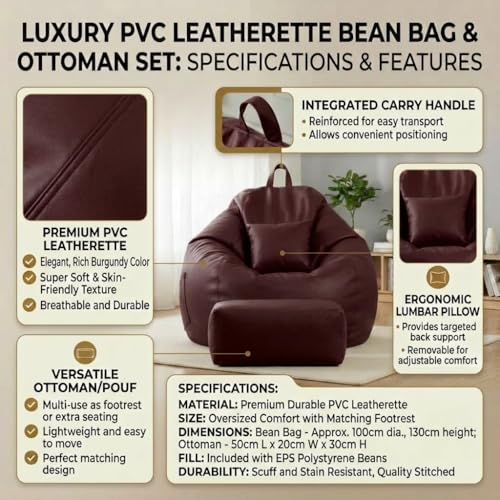 Image of KAM'S LIEU 5XL Luxury Faux Leather Bean Bag with Footrest & Cushion | Pre-Filled High-Density Polystyrene Beans | Premium Leatherette | 6 Months Warranty Color- (Maroon, with Footrest)