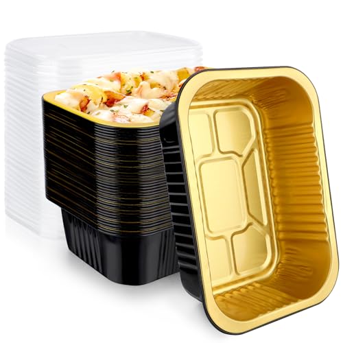 EUSOAR Aluminum Pans with Lids, 50pack 32oz Small Disposable Foil Loaf Cake Food Storage Pans, Catering Party Meal Prep Freezer Drip Pans for Microwave Oven Safe Cooking,Baking,Heating,Takeout
