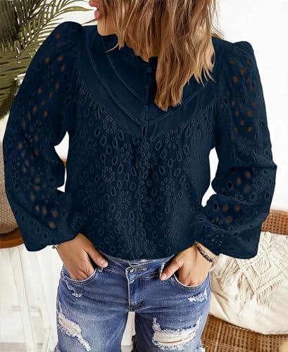 BETTE BOUTIK Women's Long Short Sleeve Tops 2025 Dressy Casual Button Hollow Out Lace Embroidered Blouses Shirts