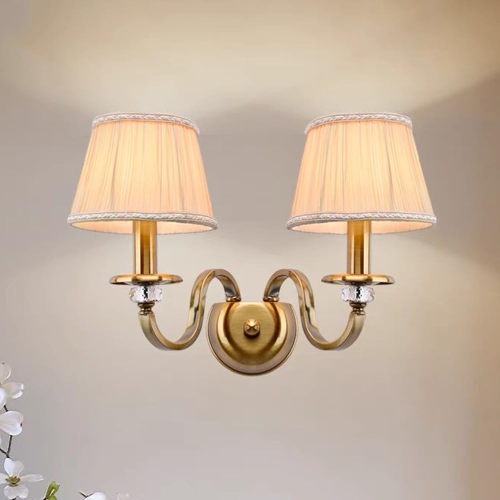 Wandleuchte aus antikem Messing, Retro-Stil, rustikaler Stil, mit Lampenschirm aus Plissee-Stoff, Mitte des Jahrhunderts, aus Kristall, E14, dekorative Lampe für Schlafzimmer, 2 Kopf