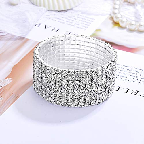 JEWMAY Yumei Jewelry 8 Strand Rhinestone Stretch Bracelet Silver-Tone Sparking Tennis Bracelet