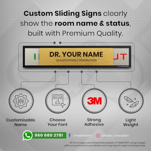 Image of SMEDOR inchYOUR NAME IN /OUT inch Professional sliding sign board - on-door signboard- Customisable name plate display with in /out status - information letter board - custom sliding signs