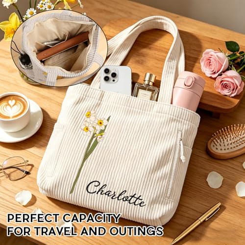 Bolso Tote de pana con flor de nacimiento personalizado para mujer miniatura 5