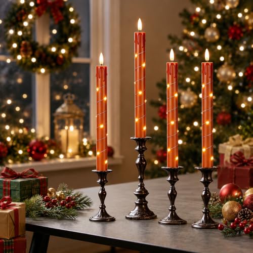 Image of JOIONE Flameless Taper Candles with Remote,6Pcs Flickering LED Xmas Decor | Reddish Brown, Battery Operated Candle Arounded with Starlight String, Christmas Home Decor for Living Room and Dining Table