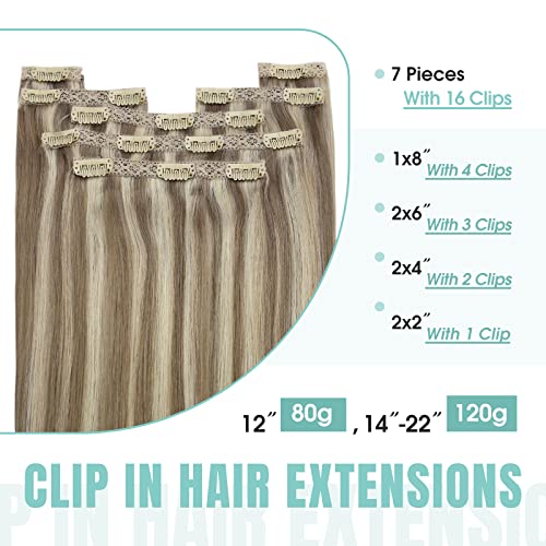 YoungSee Clip in Hair Extensions Real Human Hair 14inch 120g Human Hair Extensions Clip in Light Brown Highlights with Platinum Blonde Real Clip in Extensions for Beginners Silky 7pcs Natural Blend - Image 2