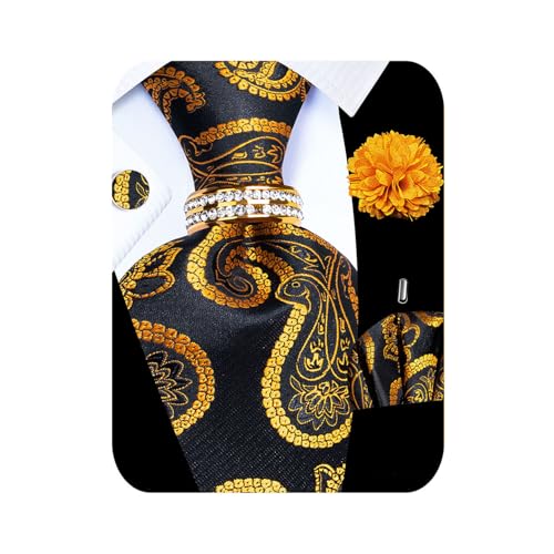Image of 5PCS Tie and Pocket Square for Men, Silk Necktie and Handkerchief Cufflinks with Gold Ring and Lapel Pin Set