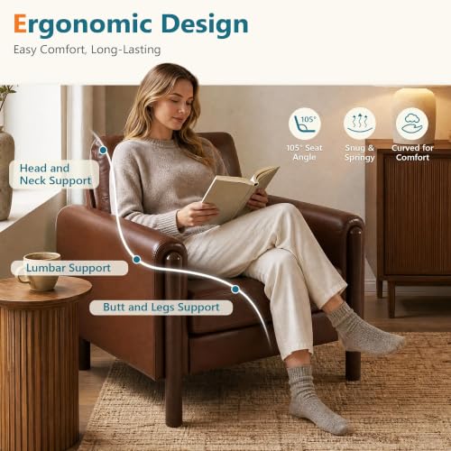 Image of STHOUYN 35 inch Brown Leather Oversized Accent Chair Set of 2 with Wood Armrests, Mid-Century Modern Tufted Living Room Chair, Comfy Reading Sofa Chair Lumbar Support & Thick Cushion Waiting Room Office