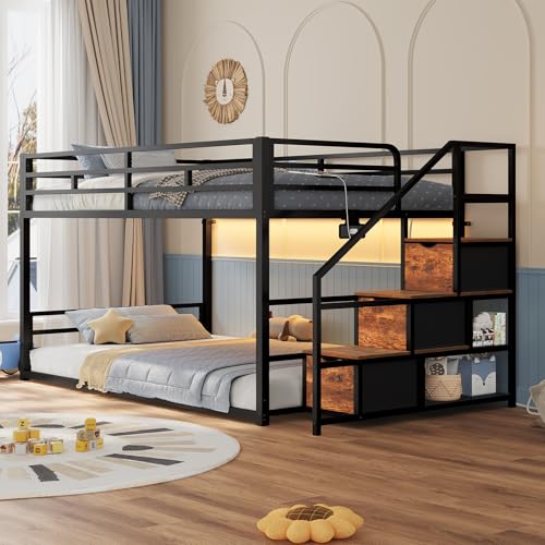 ADORNEVE Low Bunk Bed Twin Over Twin with Storage Staircase, Drawers & Shelves, RGB LED Lights Metal Floor Bunk with Power Outlet, Full-Length Guardrail & Metal Slats, for Small Space, Kids, Black