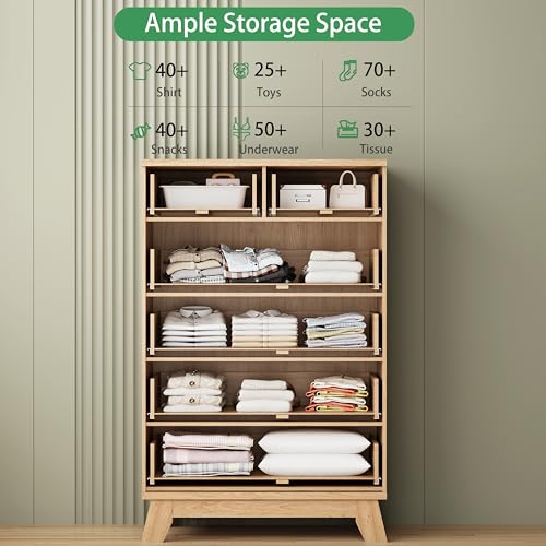 Image of Fluted Dresser for Bedroom with 6 Drawers, 46 inch Tall Modern Chest of Drawers with Metal Handle, Wooden Dresser TV Stand, Wood Closet Clothes Storage Organizer for Living Room, Hallway, Natural Oak