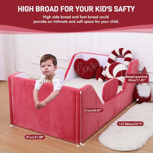 Image of weeonekids Toddler Bed, Child Bed for Kids with Extra Safty Broad, Standard Crib Size Toddler Bed, Certified Fabric Toddler Beds,Toddler Flood Bed (Mixed White /Red)