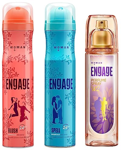 Image of Engage W2 Perfume Spray for Women, 120ml & Blush Deodorant, Fruity & Floral, 150ml & Spell Deodorant, Citrus & Fruity, Skin Friendly, 150ml