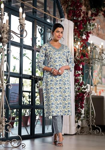 Image of MIRCHI FASHION Women's Straight Fit Pure Cotton Jaipuri Floral Printed Sequins Thread Work Kurta Set with Dupatta and Trouser