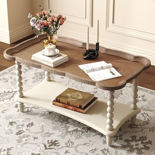 Function Home Farmhouse Coffee Table 2-Tier Center Table with Storage Shelf 39.8 French Country Rectangle Accent Table with Natural Tray Top and Spindle Legs for Living Room Balcony Antique White